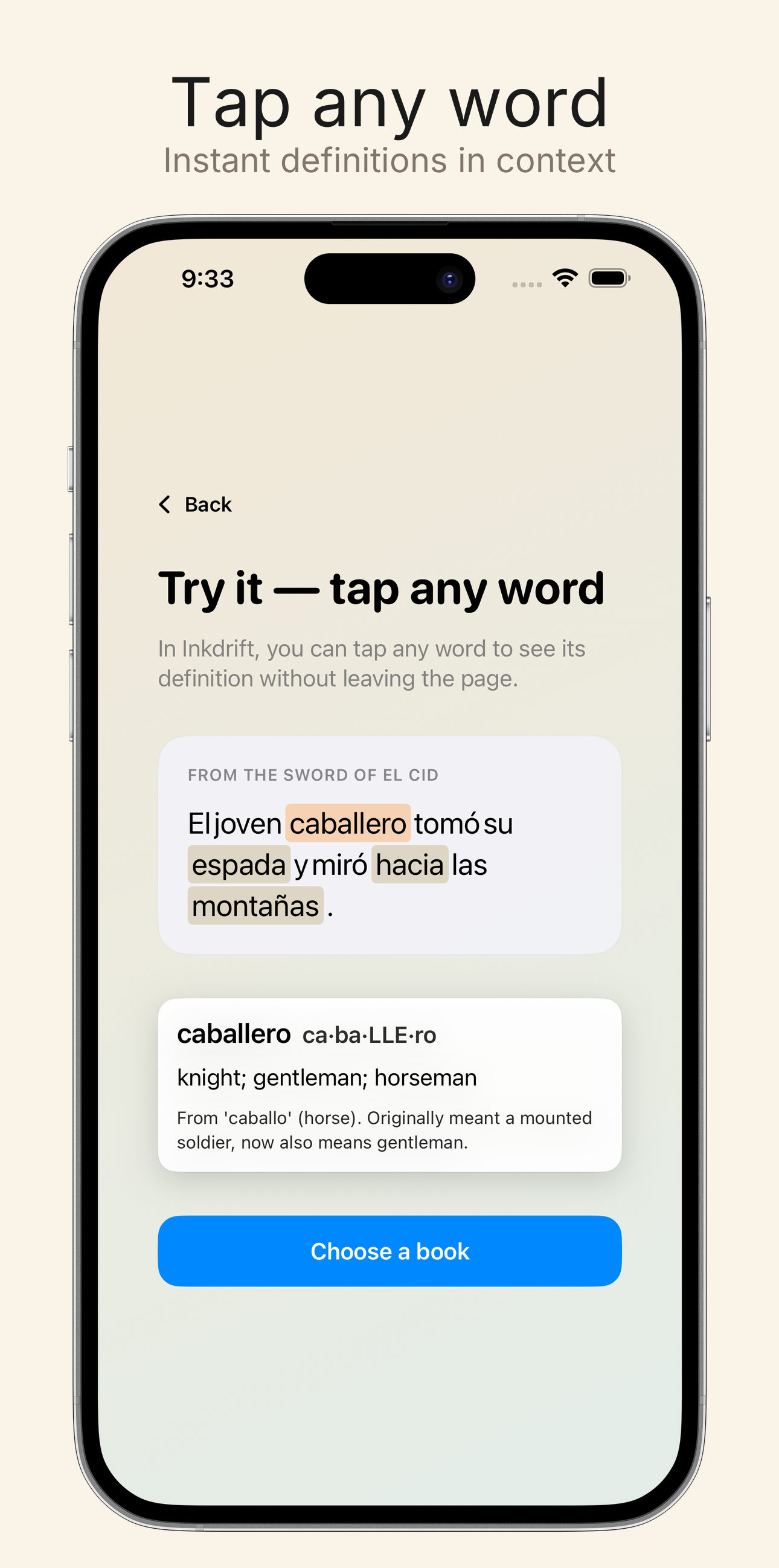 Tap any word for its meaning in context